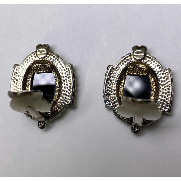 Vintage Black Faceted Stone & Silver-Tone Clip-On Earrings Signed "Best" - Picture 5 of 8